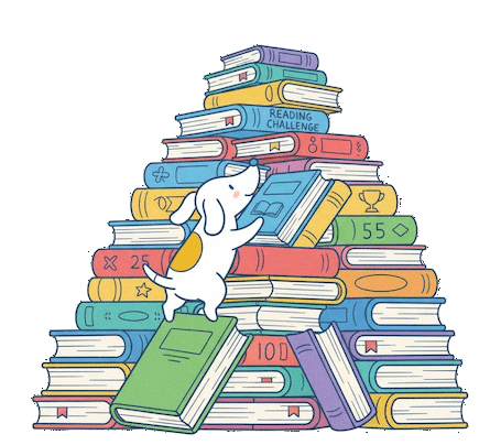 Rex the dog climbing a mountain of books